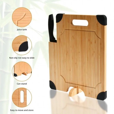 Extra Large Organic Bamboo Wood Cutting Board with 4 Non-Slip Grip, Build in Knife, Chopping Boards and Butcher Block