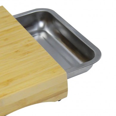 Large Bamboo Cutting Board with 2 Big Organizing Stainless Steel Trays Space Saver Design Eco Friendly