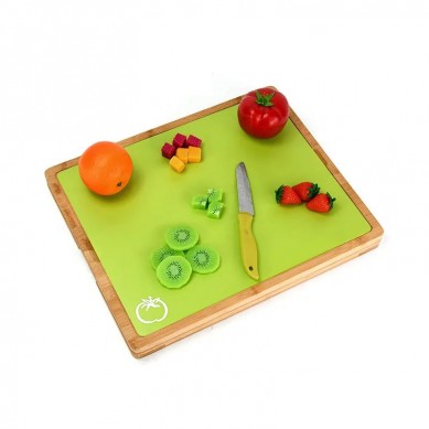 Easy to Clean Bamboo Wood Cutting Board with set of 6 Color Coded Flexible Cutting Mats with Food Icons Chopping Board Set