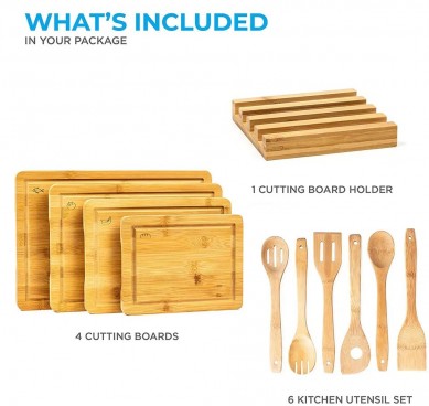 2023 Hot Sell Bamboo Wood Cutting Board Set With Holder Utensil For Kitchen