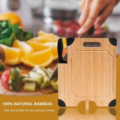 Extra Large Organic Bamboo Wood Cutting Board with 4 Non-Slip Grip, Build in Knife, Chopping Boards and Butcher Block