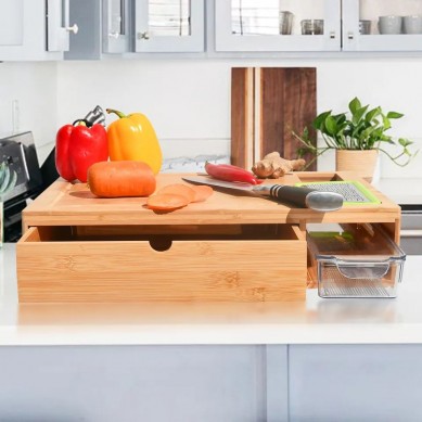 Extra Large Bamboo Prepdeck Cutting Board Multi Purpose Extential Over The Sink With Trays And 4 Graters