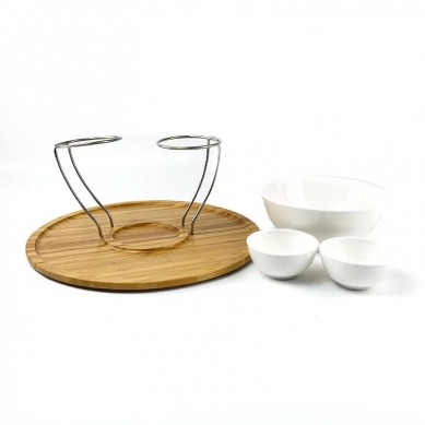 Highly Durable Collection Bamboo Plate Tray with Porcelain Double Chip & Dip Set