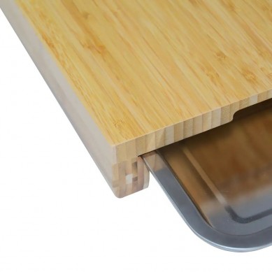 Large Bamboo Cutting Board with 2 Big Organizing Stainless Steel Trays Space Saver Design Eco Friendly