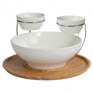 Highly Durable Collection Bamboo Plate Tray with Porcelain Double Chip & Dip Set