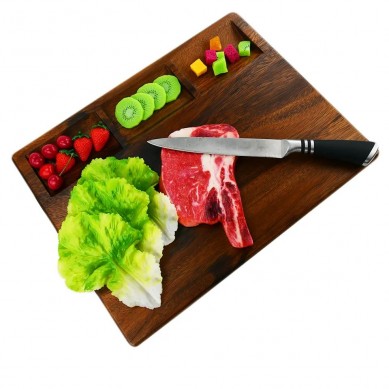 Thailand Rubber Wood Black Walnut Wood Cutting Chopping Board With 3 Built In Compartments Resin Rubber Feet