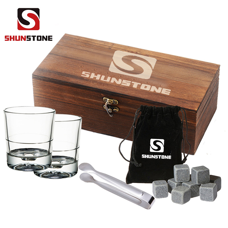 Factory wholesale Unique Whiskey Stones - Whiskey Stones and Whiskey Glass Gift Boxed Set 8 Granite Chilling Whisky Rocks and 2 Crystal Glasses in Customized Wooden Box  – Shunstone