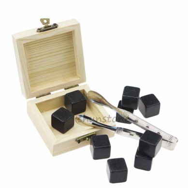 9 pcs of Natural Granite Reusable Ice Cold Chilling Stones Stored whiskey stone Wooden Gift Box