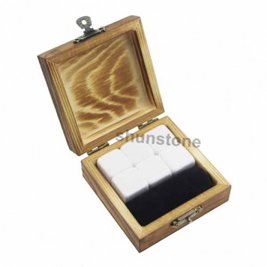 6 pièces cadeau de pierre de whisky en pierre de refroidissement sacs de velours noir brûlant des boîtes en bois