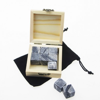 Cheap 9pcs Dark Grey Basalt Whiskey Stones with Natural Wooden Box