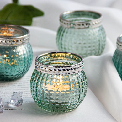 Small Glass Votives Set of 12, 2.3″ Tealight Candle Holders in Bulk, Vintage Boho Glass Candle Holders for Table Centerpiece Wedding Home Decor and Holiday Decor (Mint Green)