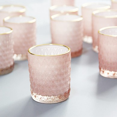 Pink Votive Candle Holders Set of 24, Glass Tealight Holders Bulk with Gold Rim, Tea Candle Holder for Wedding Table Centerpiece Birthday Valentines Day Decor