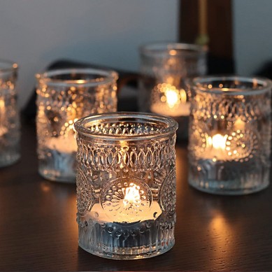 Clear Glass Candle Holders Set of 24, Ribbed Votive Tealight Candle Holders for Vintage Wedding Table Birthday Party Decoration