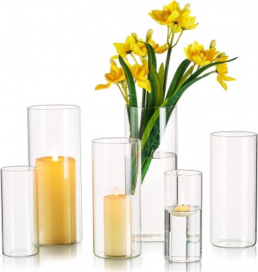 Glass Cylinder Vases Set of 6, Hewory Tall Clear Vase for Centerpieces, Glass Candle Holders for Pillar Floating Candles, Hurricane Wedding Vases for Home Decor (Not Include Flower and Candle)
