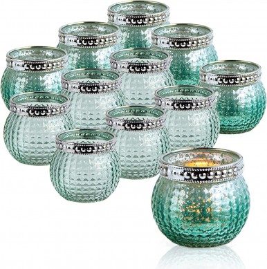 Small Glass Votives Set of 12, 2.3″ Tealight Candle Holders in Bulk, Vintage Boho Glass Candle Holders for Table Centerpiece Wedding Home Decor and Holiday Decor (Mint Green)