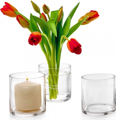 Set of 3 Glass Cylinder Vases 4 Inch Tall – Multi-use: Pillar Candle, Floating Candles Holders or Flower Vase – Perfect as a Wedding Centerpieces.