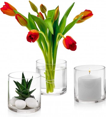 Set of 3 Glass Cylinder Vases 4 Inch Tall – Multi-use: Pillar Candle, Floating Candles Holders or Flower Vase – Perfect as a Wedding Centerpieces.
