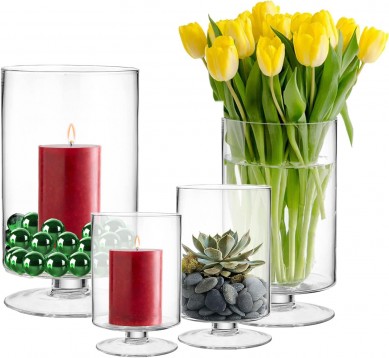 Glass Hurricane Pillar Candle Holder (H:6″ W:3.75″) | Multiple Size Choices Short Stem Candle Centerpieces | Stemmed Glass Cylinder Candle Vase