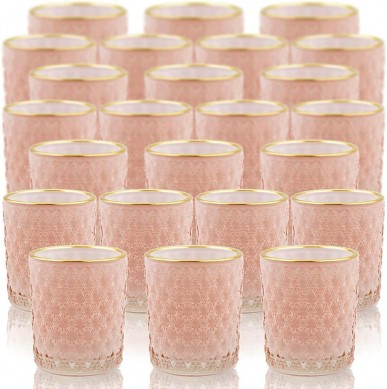 Pink Votive Candle Holders Set of 24, Glass Tealight Holders Bulk with Gold Rim, Tea Candle Holder for Wedding Table Centerpiece Birthday Valentines Day Decor