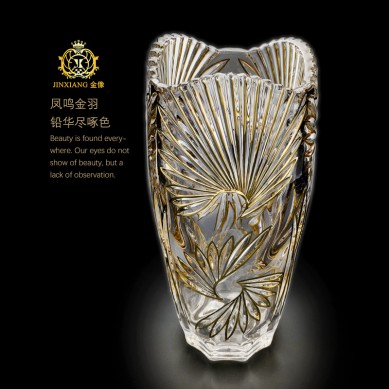 Handicrafts Phoenix Feather Grain Real Gold Line Crystal Glass Vase Hydroponic Plant Flower Tea Table Decoration