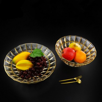 Nordic Crystal Glass Fruit Salad Bowl Fruit Plate Creative Living Room Household Large Gold Rim Glass Fruit Plate