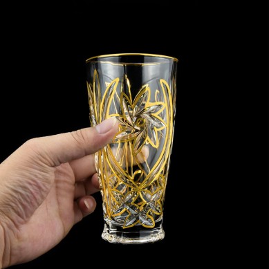 Modern Reusable Creative Gold Rim Crystal Engraved Flower Pattern Drinking Glass Cup Highball Glass Tall Water Drinking