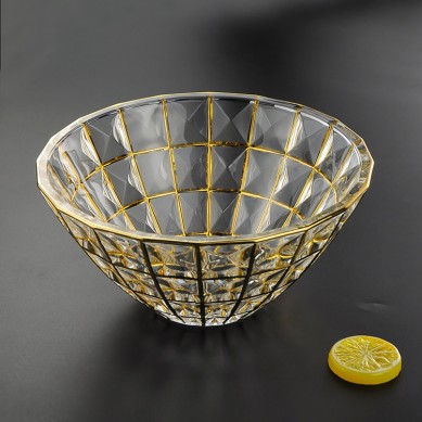 Nordic Crystal Glass Fruit Salad Bowl Fruit Plate Creative Living Room Household Large Gold Rim Glass Fruit Plate