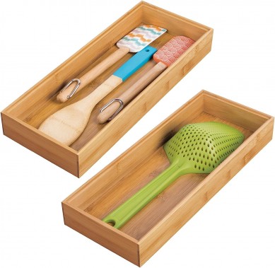 Wooden Bamboo Drawer Organizer – 15″ Long Stackable Storage Box Tray for Kitchen Drawers/Cabinet – Utensil, Silverware, Spatula, and Flatware Holder – Echo Collection – 2 Pack, Natural Wood