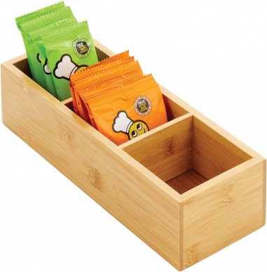 Slim Bamboo Wood Compact Food Storage Organizer Bin – 3 Divided Sections – Holder for Seasoning Packets, Pouches, Soups, Spices, Snacks – Natural