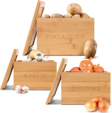 Onion and Potato Storage Bamboo Vegetable Bins (3 Pcs) Stackable, Engraved Garlic Container for Pantry or Counter Easy Storage Farmhouse Canisters Sets for Kitchen, Great Kitchen Accessories