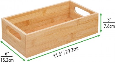 Bamboo Kitchen Storage Container Bin – Drawer Organizer Crate Box with Handles for Pantry Cabinet, Shelves, or Countertop, Holds Snacks, Spices, or Drinks, Echo Collection, 2 Pack, Natural/Tan