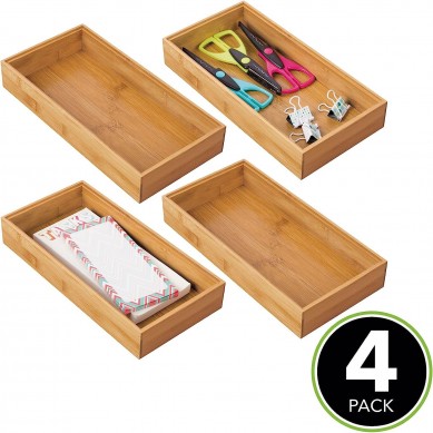 Wooden Bamboo Drawer Organizer for Office – 12″ Long Stackable Storage Box Tray for Desk Drawers/Cabinet – Junk Drawer and Accessories Organization – Echo Collection – 4 Pack – Natural Wood