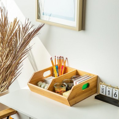 Space-saving bamboo storage box – polished 14-inch (about 35.5 cm) aesthetic wooden basket, ergonomic handles and non-slip feet, spacious box to decorate your kitchen bathroom bedroom and more