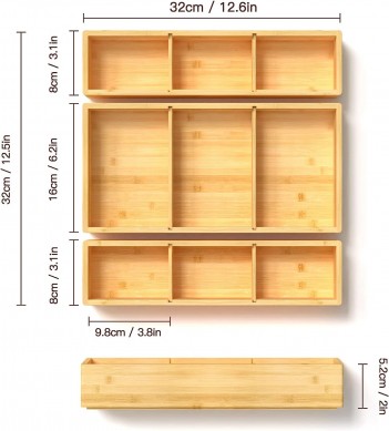 Bamboo Drawer Organizer Box 12” X 12” X 2′ Adjustable 3 Individual Storage Containers Organizer for Kitchen, Bathroom, Office Desk, Makeup,Vanity, Dresser, Pantry