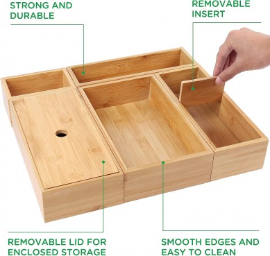 Bamboo drawer organizer Organizer set, kitchen drawer cutlery organizer Bathroom desk cosmetic cutlery