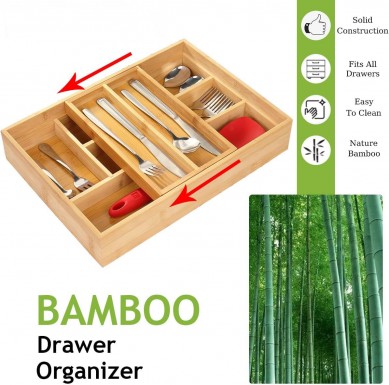 Bamboo Silver Storage Box – Kitchen Drawer Storage Box and cutlery Storage box – Cutlery – Hardware storage box with small sliding storage box (natural)