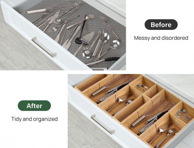 6 Pcs Bamboo Drawer Organizer with Removable Dividers, Kitchen Drawer Organizer Utensils Bamboo Organizer Storage Box 3-Size Adjustable Cutlery Holders Multi-Use for Office, Bedroom, Bathroom
