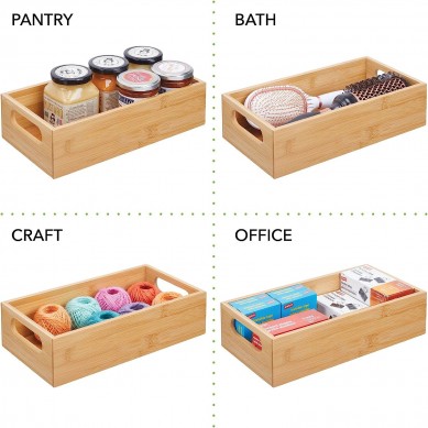 Bamboo Kitchen Storage Container Bin – Drawer Organizer Crate Box with Handles for Pantry Cabinet, Shelves, or Countertop, Holds Snacks, Spices, or Drinks, Echo Collection, 2 Pack, Natural/Tan