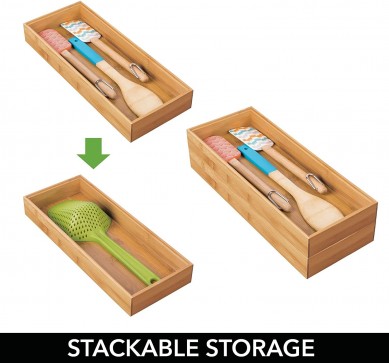 Wooden Bamboo Drawer Organizer – 15″ Long Stackable Storage Box Tray for Kitchen Drawers/Cabinet – Utensil, Silverware, Spatula, and Flatware Holder – Echo Collection – 2 Pack, Natural Wood