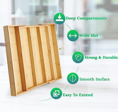 Bamboo Expandable Drawer Organizer for Utensils Holder, Adjustable Cutlery Tray, Wood Drawer Dividers Organizer for Silverware, Flatware, Knives in Kitchen, Bedroom, Living Room