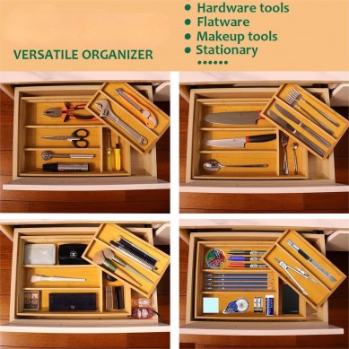Bamboo Silver Storage Box – Kitchen Drawer Storage Box and cutlery Storage box – Cutlery – Hardware storage box with small sliding storage box (natural)