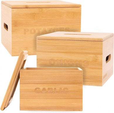 Onion and Potato Storage Bamboo Vegetable Bins (3 Pcs) Stackable, Engraved Garlic Container for Pantry or Counter Easy Storage Farmhouse Canisters Sets for Kitchen, Great Kitchen Accessories