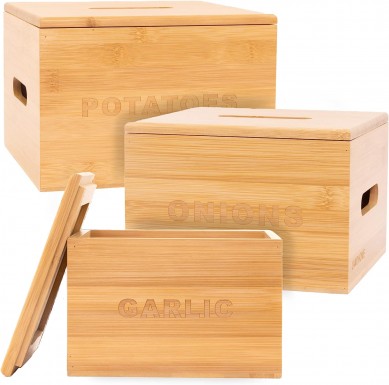 Onion and Potato Storage Bamboo Vegetable Bins (3 Pcs) Stackable, Engraved Garlic Container for Pantry or Counter Easy Storage Farmhouse Canisters Sets for Kitchen, Great Kitchen Accessories