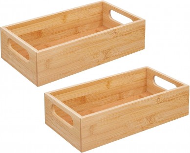 Bamboo Kitchen Storage Container Bin – Drawer Organizer Crate Box with Handles for Pantry Cabinet, Shelves, or Countertop, Holds Snacks, Spices, or Drinks, Echo Collection, 2 Pack, Natural/Tan