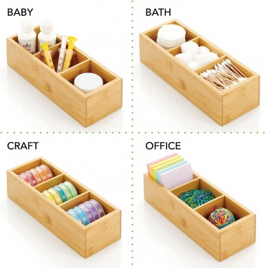 Slim Bamboo Wood Compact Food Storage Organizer Bin – 3 Divided Sections – Holder for Seasoning Packets, Pouches, Soups, Spices, Snacks – Natural