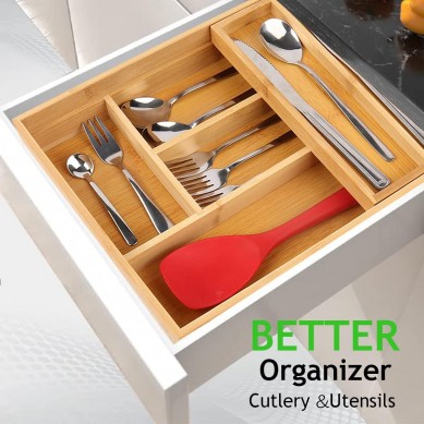 Bamboo Silver Storage Box – Kitchen Drawer Storage Box and cutlery Storage box – Cutlery – Hardware storage box with small sliding storage box (natural)