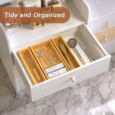 Bamboo Drawer Organizer Box 12” X 12” X 2′ Adjustable 3 Individual Storage Containers Organizer for Kitchen, Bathroom, Office Desk, Makeup,Vanity, Dresser, Pantry
