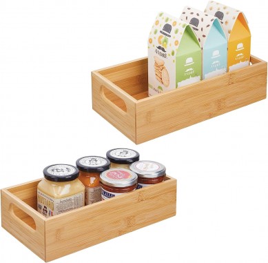 Bamboo Kitchen Storage Container Bin – Drawer Organizer Crate Box with Handles for Pantry Cabinet, Shelves, or Countertop, Holds Snacks, Spices, or Drinks, Echo Collection, 2 Pack, Natural/Tan