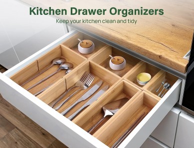 6 Pcs Bamboo Drawer Organizer with Removable Dividers, Kitchen Drawer Organizer Utensils Bamboo Organizer Storage Box 3-Size Adjustable Cutlery Holders Multi-Use for Office, Bedroom, Bathroom