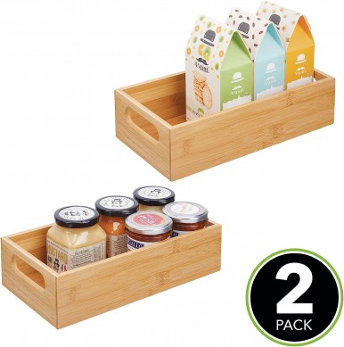 Bamboo Kitchen Storage Container Bin – Drawer Organizer Crate Box with Handles for Pantry Cabinet, Shelves, or Countertop, Holds Snacks, Spices, or Drinks, Echo Collection, 2 Pack, Natural/Tan